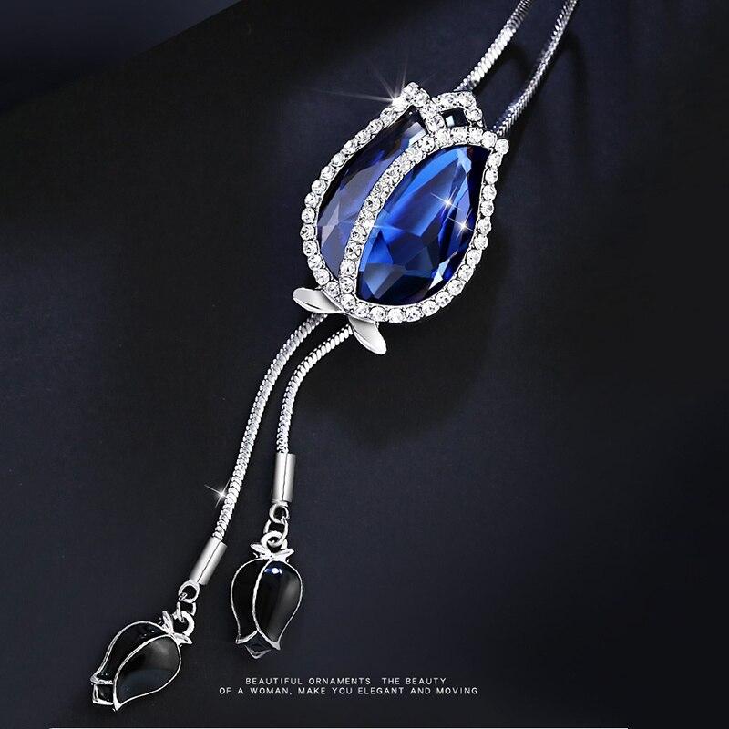 Длинные ожерелья и подвески для женщин Collier Femme, синий тюльпан, массивное свитер-цепочка, ожерелье, модные серебряные ювелирные изделия с кристаллами 2021