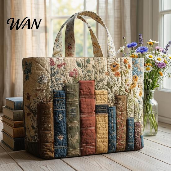 Women Commuter Tote Quilted Bag Retro Print Fabric Vintage Lightweight Large Capacity Foldable Handbag for Daily Use Travel Grocery Shopping