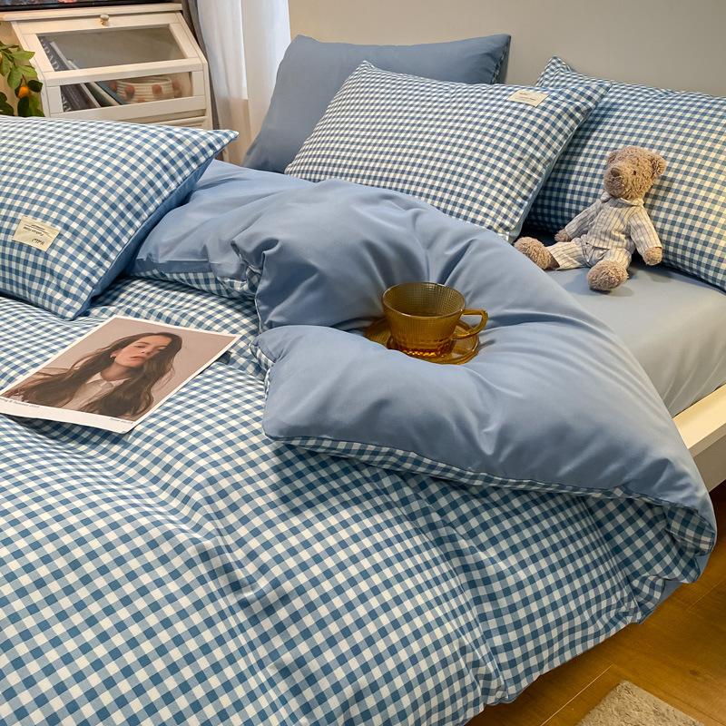 Простыня в клетку из четырех предметов и пододеяльник в японском стиле в скандинавском стиле, набор из трех предметов из стираного хлопка с начесом