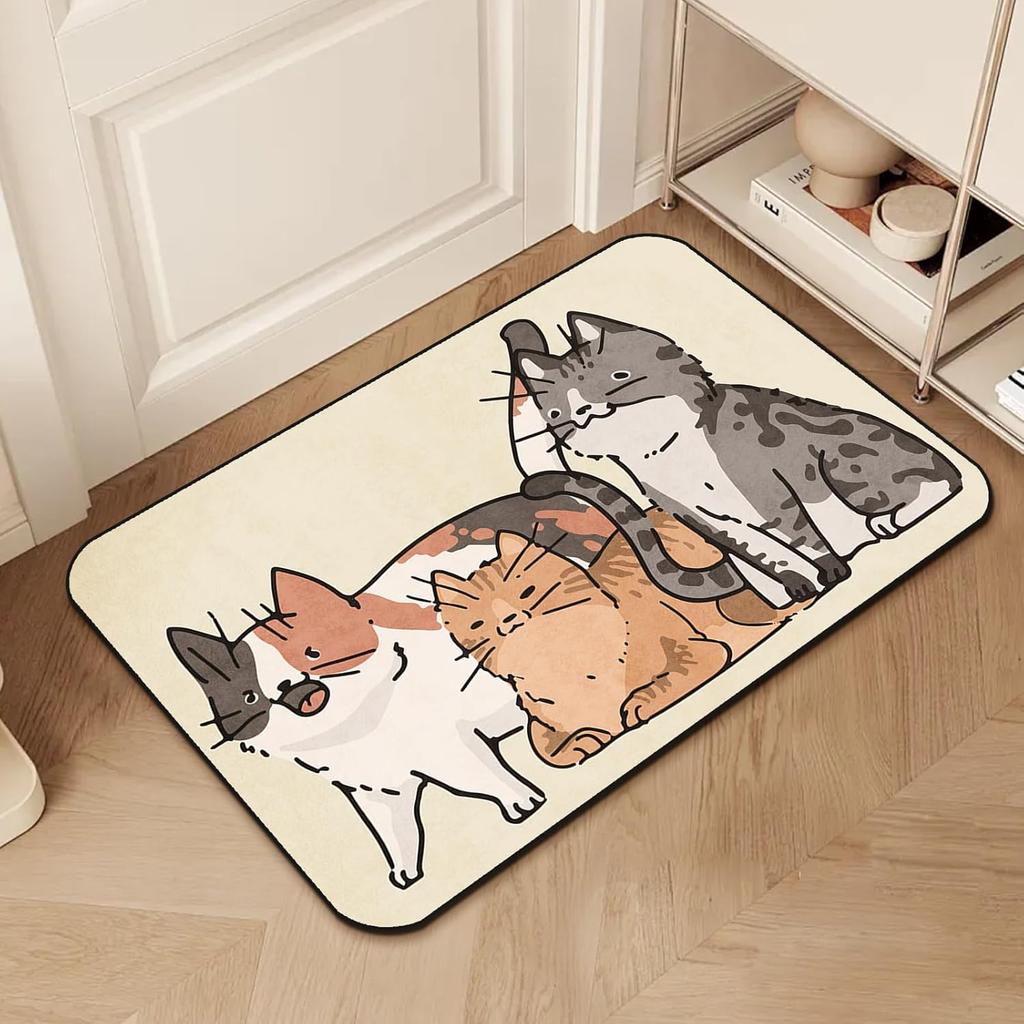 Cute Cat Door Mat Outdoor Indoor Welcome Mats, Non Slip Entrance Rugs Washable Floor Mat with Calico cat Design,Soft Velvet Pet