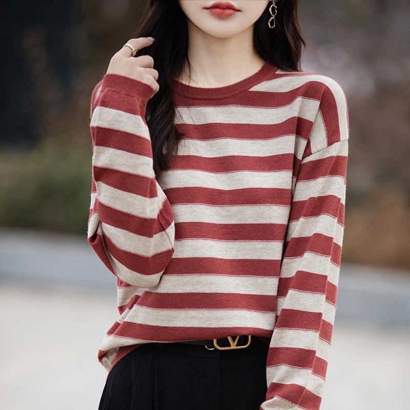 INDFS Женская Мода Повседневные Осенне-Зимние Свитеры с Принтом в Полоску, с Длинным Рукавом и Круглым Вырезом