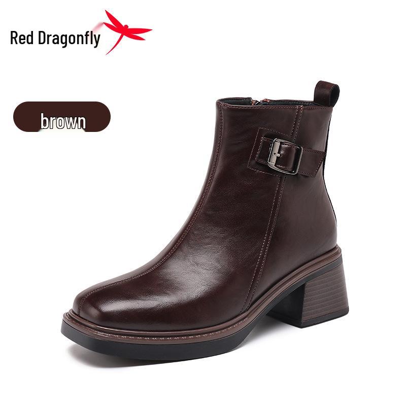 Женские ботильоны Red Dragonfly из натуральной кожи на массивном каблуке - Нескользящие, стройнящие короткие ботинки для осени и весны.