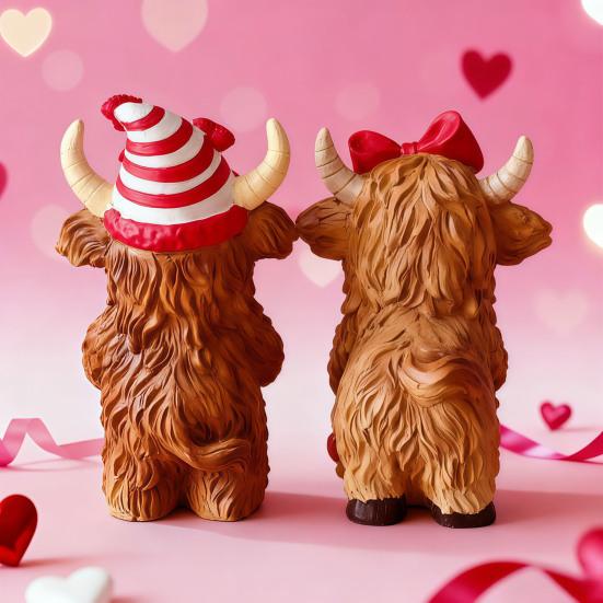 2 Pcs Valentine's Day Highland Cow Statue Cute Resin Highland Cow Figurine with Heart And Cupid Arrow for Tabletop Indoor Tiered Tray Shelf Decor