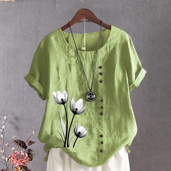 Женская летняя футболка с короткими рукавами и круглым вырезом, пуловер с пуговицами, декор с цветочным принтом, винтажный стиль, женский топ