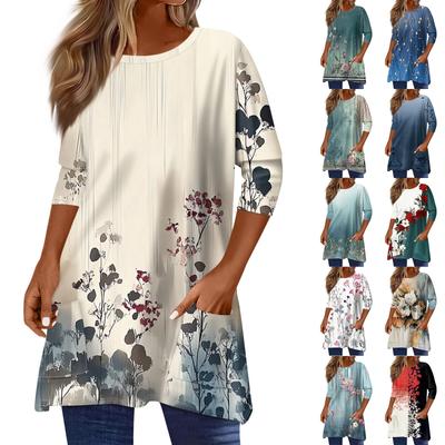 3/4 рукава кармана топы для женщин футболка повседневный принт средней длины топы футболка круглый вырез пуловер блузка