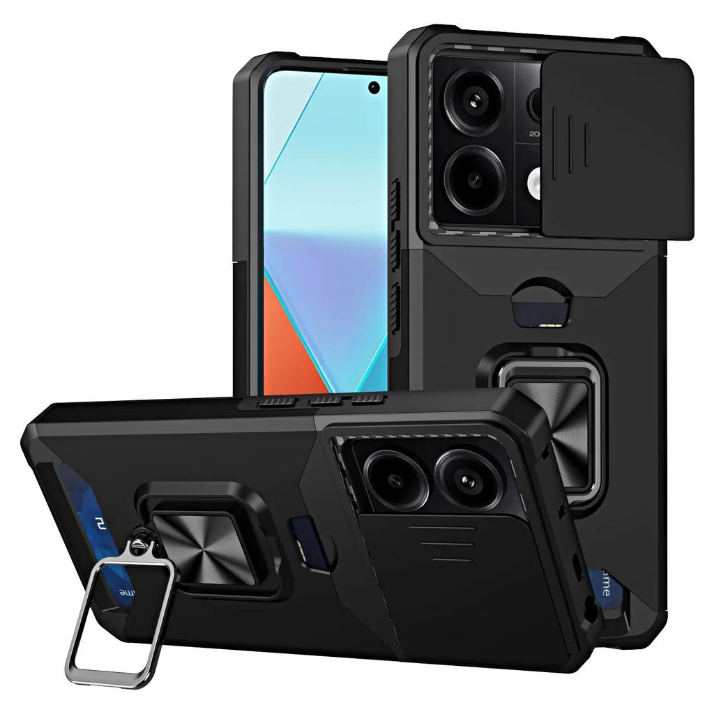 Чехол для Xiaomi Redmi Note 14 13 12 Pro Plus 13C 14C 4G 5G Сдвижная крышка камеры Держатель для карт Кошелек Защитный С кольцом Подставка Чехол