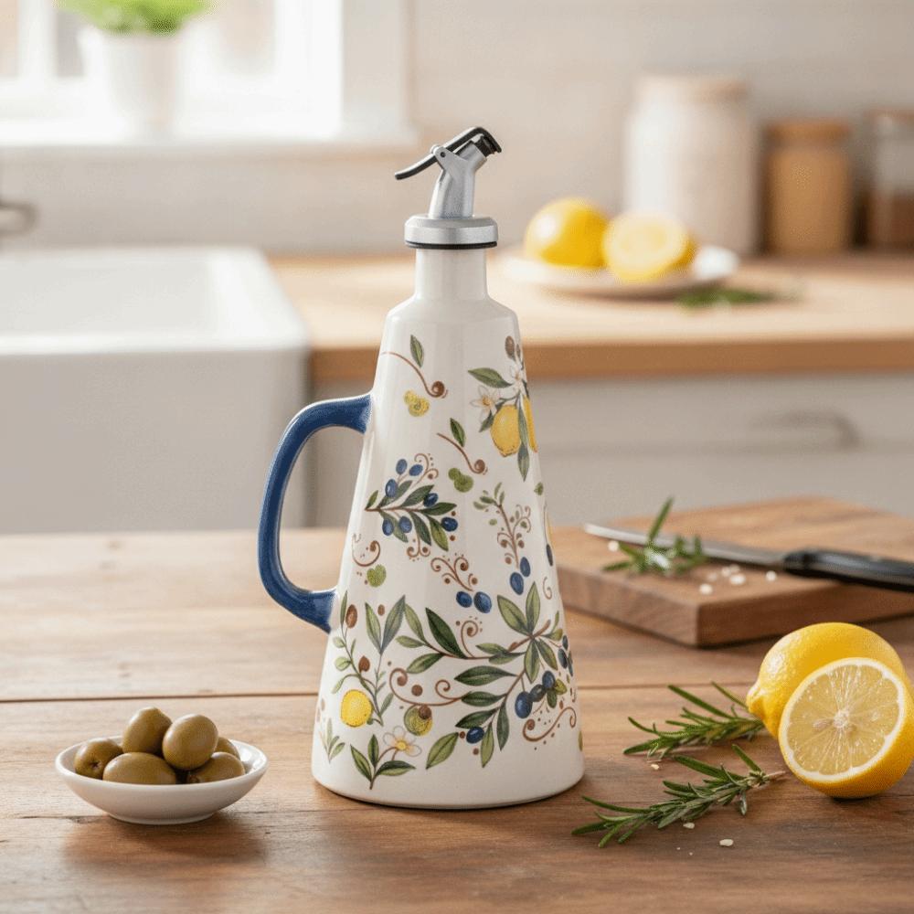 Lemon Pattern Ceramic Oil Bottle Automatic Pouring Vinegar Condiment Container for Home