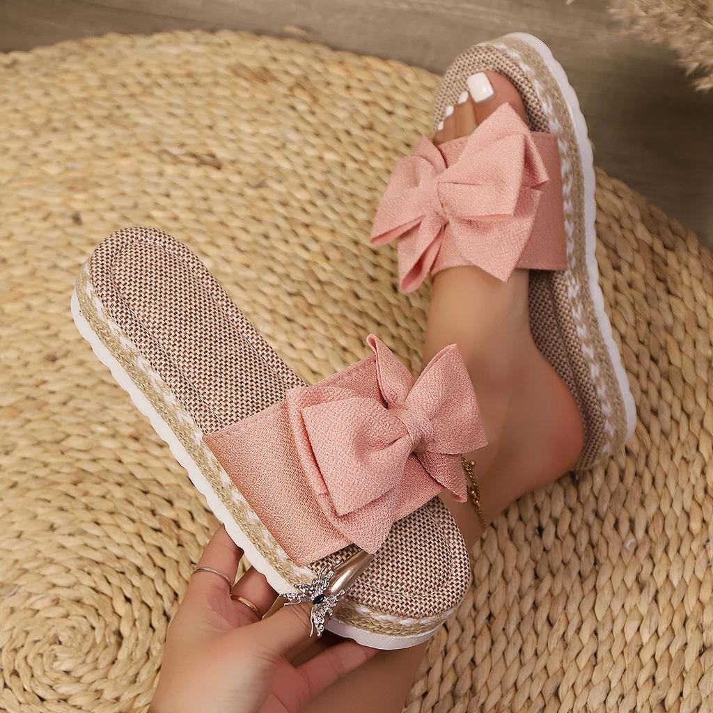 Women Slippers 2025 New Casual Home Slippers Cute Linen Slides Women Summer Bow-knot Soft Floor Sandals Indoor Flat Shoes