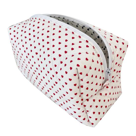 Косметичка Большой емкости Застежка-молния С сердечным принтом Хлопковая стеганая портативная легкая губная помада Коричневый карандаш Кисть для макияжа Дорожная косметичка