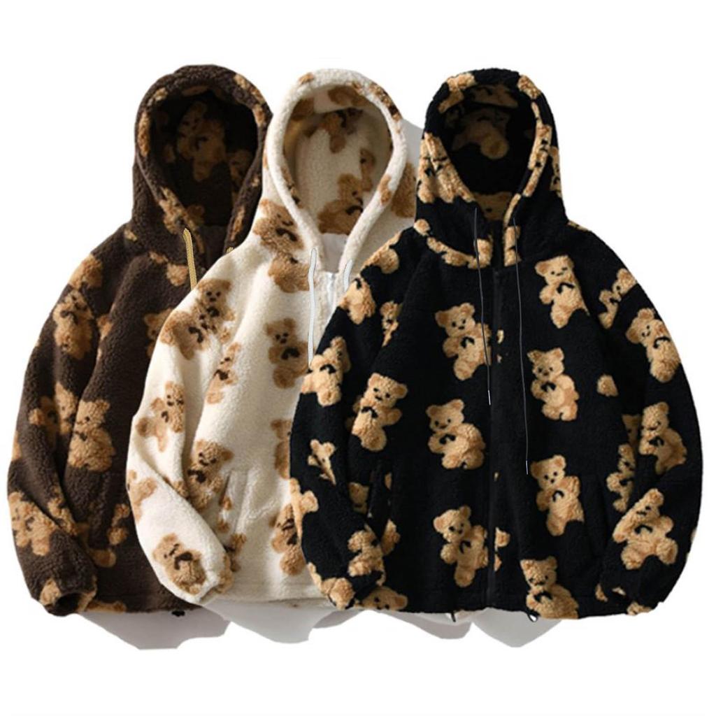 Autumn Winter Women's Hooded Plush Bear Printed Cartoon Sweater Women's Winter Warm Jacket Fleece Jacket
