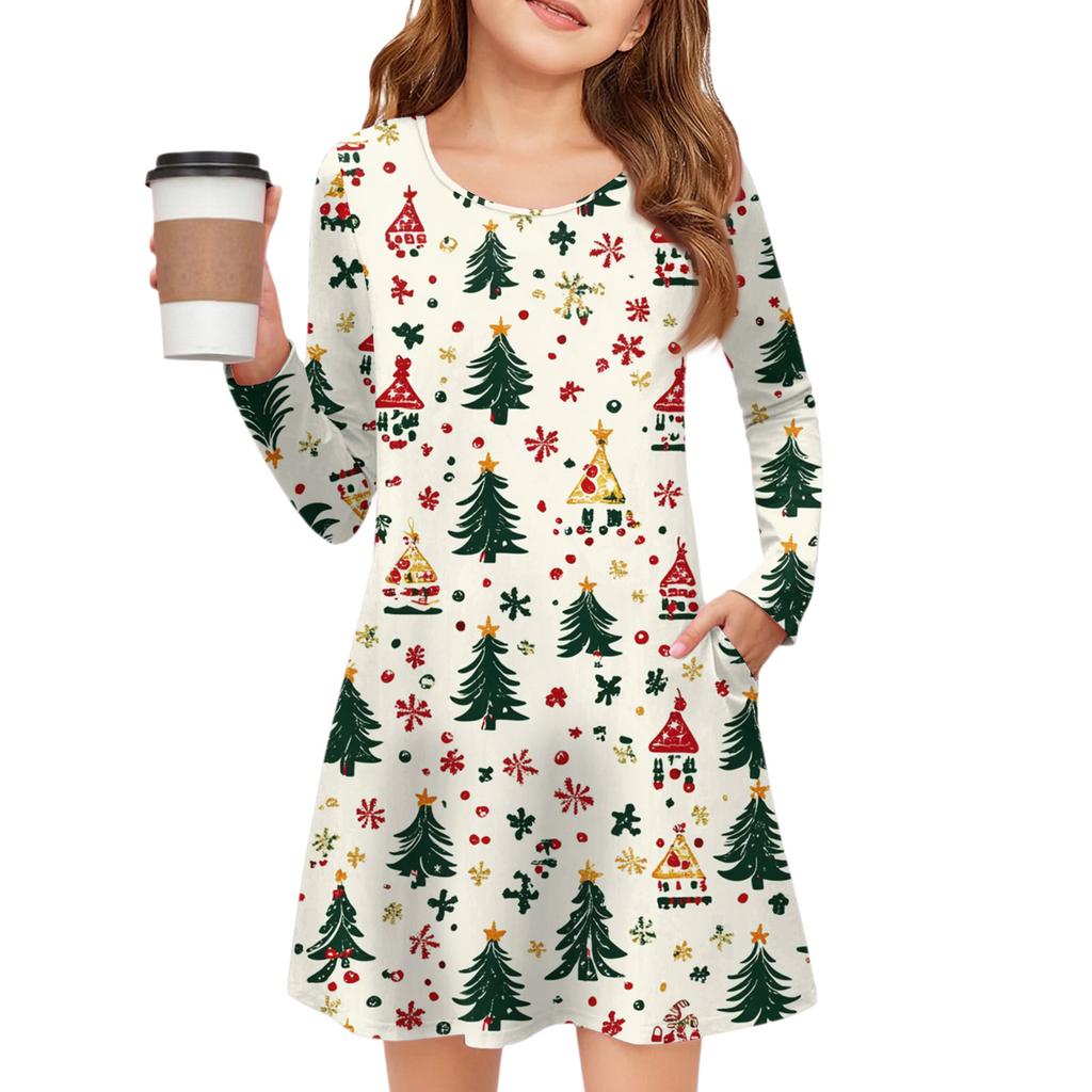Christmas Day Girls' Long Sleeve Dress - Color Pocket Dress