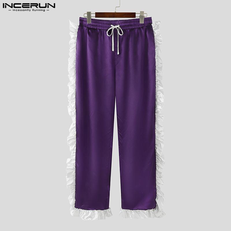 INCERUN Men Elastic Waist Drawstring Ruffled Hem Patchwork Long Harem Pants