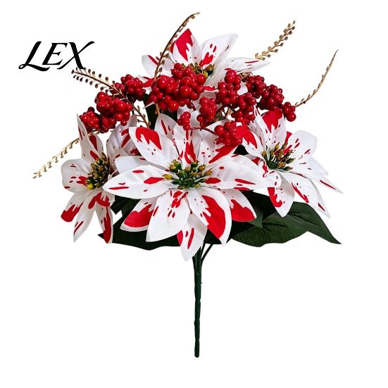 Fade Resistant Plant Stakes Artificial Poinsettia Flowers, Christmas Fake Floral Berry Centerpiece, Fade-Resistant Dieffenbachia Plants Red And White