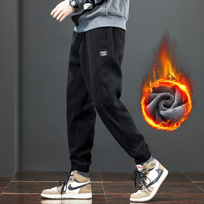 Мужские вельветовые спортивные штаны на флисовой подкладке на зиму 2025: Плотные повседневные хлопковые брюки для осени и зимы