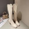 Модные женские теплые элегантные длинные сапоги на каблуке с квадратным носком, дизайнерские, роскошные, готические, из ПУ, для косплея, водонепроницаемые, горячие, с высоким голенищем до колена