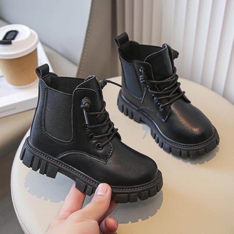 Классические школьные ботинки для девочек Черные Бежевые Универсальные детские ботильоны на платформе Модные повседневные детские короткие ботинки Простые с круглым носком