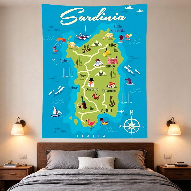 Sardinia Italia Illustrated Travel Map Poster Colorful Landmarks Beach Art