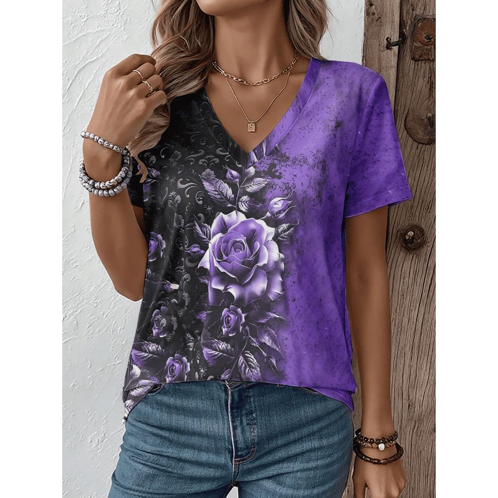 Women's V-neck short sleeved T-shirt cartoon cat print T-shirt