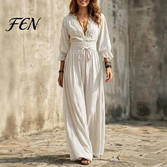 Beach Vacation Dress Women V-Neck Lace for Fall, 3/4 Sleeves Maxi with Autumn Outfits Belt, Solid Color Loose Casual Long Daily Wear Versatile