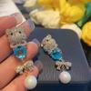 Голубые милые серьги-бантики с жемчугом и медведем, женские индивидуальные золотые серьги в виде животных