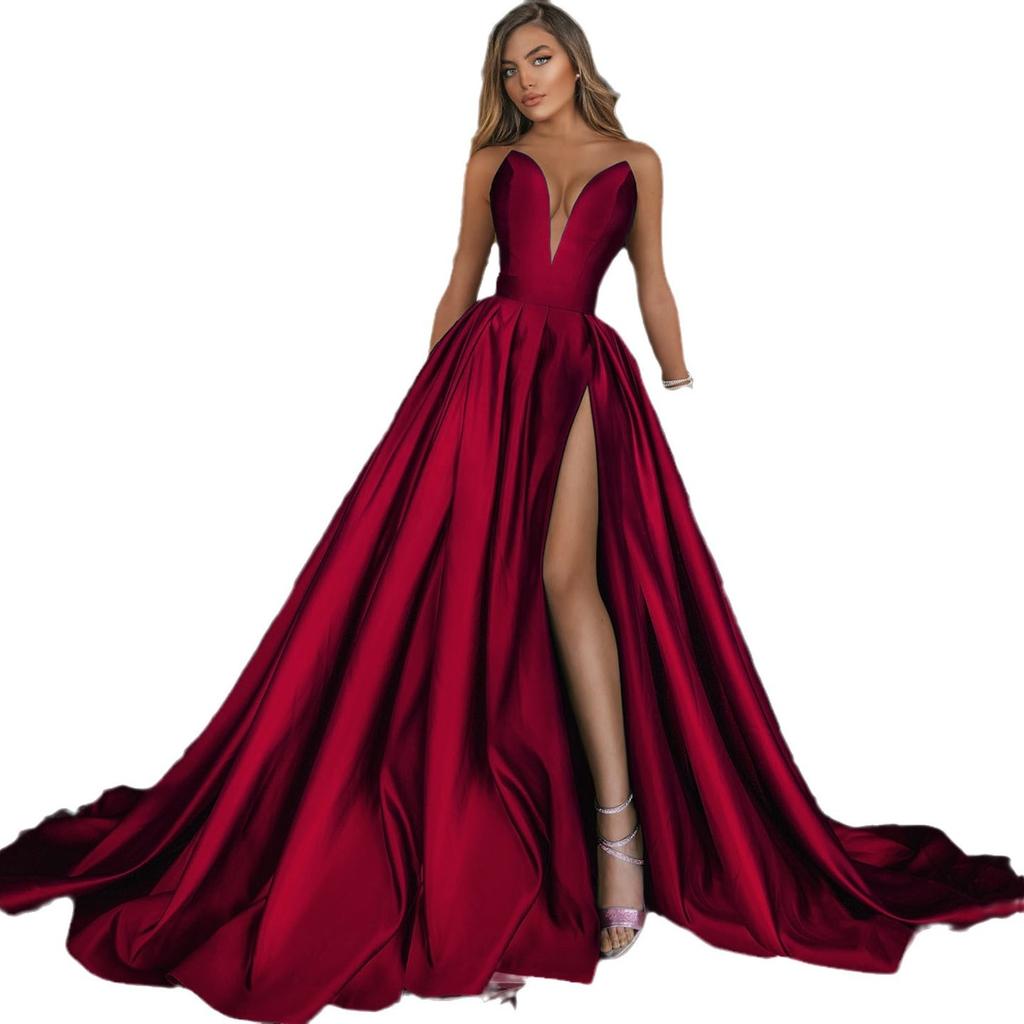 Весна и лето новая европейская и американская женская одежда сексуальное платье с глубоким V-образным вырезом и разрезами однотонное платье-маятник, свадебное платье