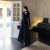 Plus Size Hepburn-Style V-Neck Ruffle Dress for Women - Elegant Autumn Slimming Black Dress