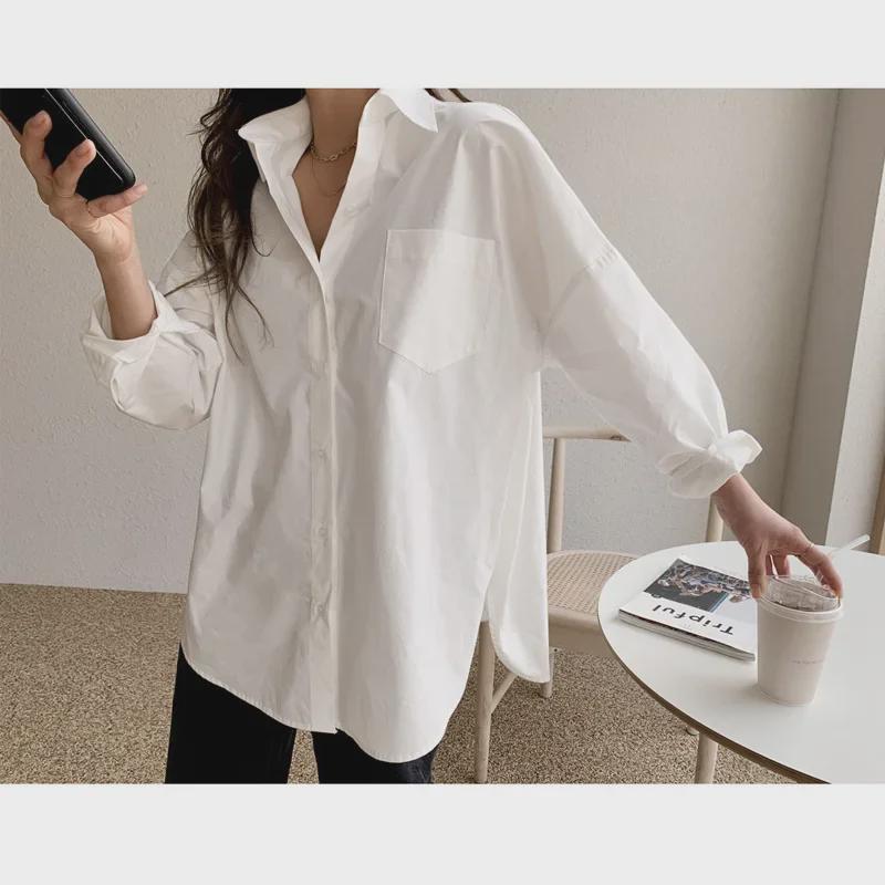 Women's White Long Sleeve Versatile Loose Fit Mid-Length Shirt, 2025 Korean Design, Spring Collection