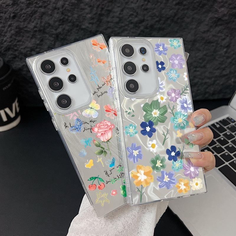 Чехол-накладка из мягкого блестящего полиуретана с цветочным принтом для Samsung S25 Ultra S24 FE S23 A36 A56 A16 A55, тонкий, ударопрочный, жесткий чехол для телефона из ПК с перьями