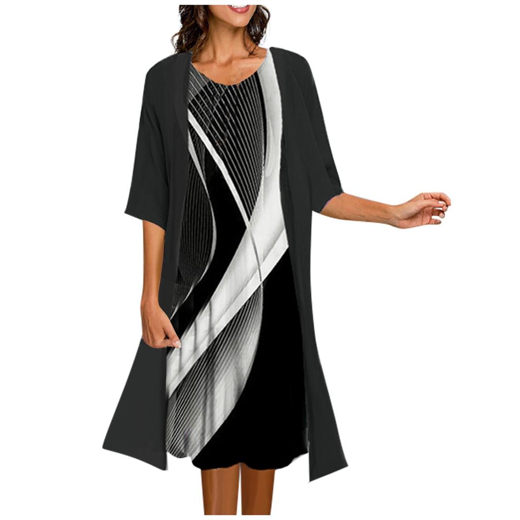 Women's Two-piece Dress Printed Vest Medium Length Dress Cardigan Jacket Suit