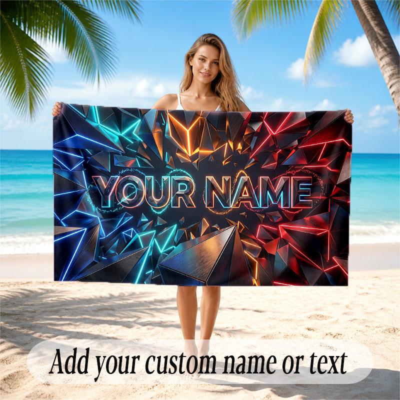 Abstract Geometric Theme Soft Beach Towel Personalized Custom Name Text Towel Portable for Beach Pool Travel