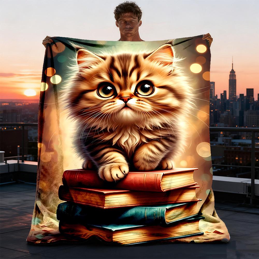 1pc Cat Books Outdoor Blanket - Soft Flannel Cozy for Travel & Camping - All-Season Warm Bed Cover, Machine Washable yy251229103