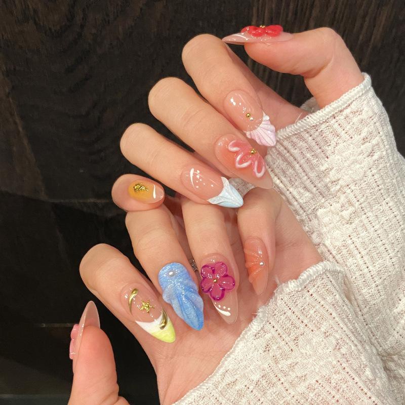 Design #677 Press on Nails Set Luxury Handmade 3D Flower Shell Manicure Gel Nails Tips Acrylic Fake Nails for Women