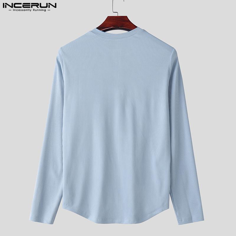 INCERUN Мужские повседневные облегающие топы с круглым вырезом и длинным рукавом в рубчик, футболки, майки