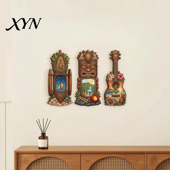 Tropical Home Decor 3Pcs Hawaiian Tiki Wooden Wall Hanging Sign, Surf Coastal Art, Surfing Themed Exquisite Plaque for Bar Patio & Holiday Gift Style
