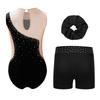 Girls Sheer Mesh Leotard Rhinestones Shorts Hair Tie Headwear Dance Figure Skating Gymnastics Outfit Set