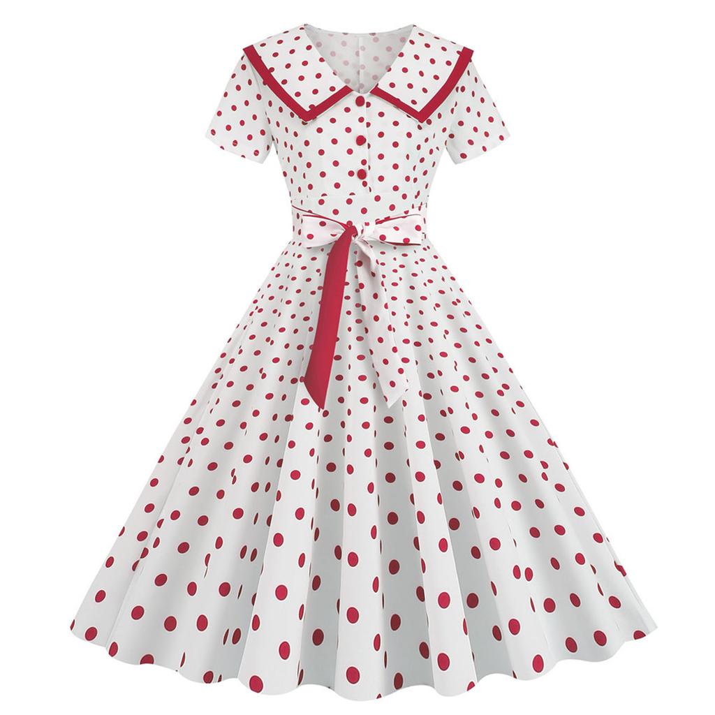 Women's Fashion Lapel Vintage Polka Dot Print Maxi Dress With Belt