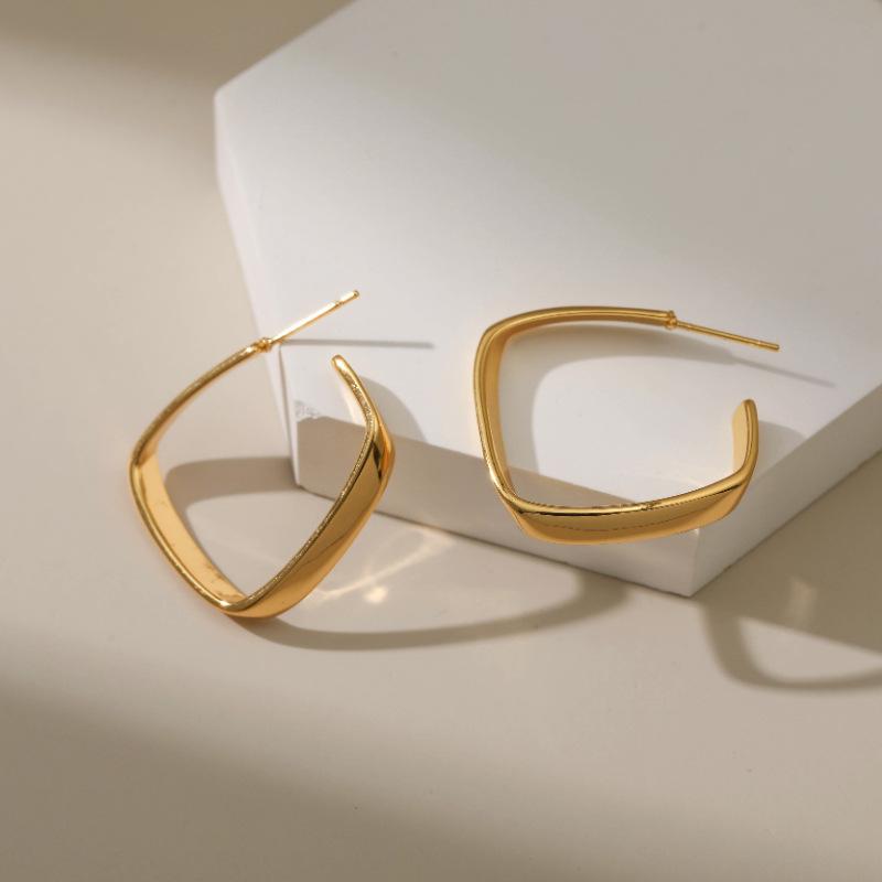 Fashion Geometric Square Stud Earrings Copper Plated 18k Gold C Shape Mirror Earrings