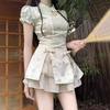 2025 Spring/Summer Women's Stylish Short Sleeve Two-Piece Set: New Chinese Style Top & Skirt