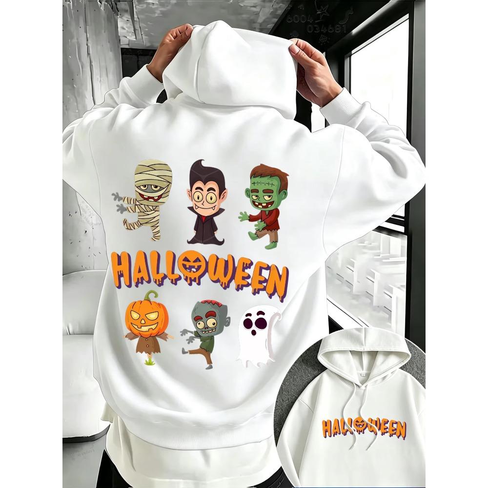 Halloween Women's Street Hoodie with Cartoon Witch, Zombie, Ghost and Pumpkin Double-sided Print, Couple Loose Pullover Sweater