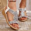 Модные блестящие сандалии-клинья с пайетками для женщин Лето 2025 Богемный стиль Уличные пляжные сандалии Женские больших размеров Модные серебристые сандалии