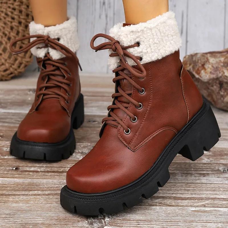 Thick Lace Up Ankle Boots for Women Retro Non Slip Autumn Round Toe Boots Woman Platform Short Booties Botas De Mujer2025