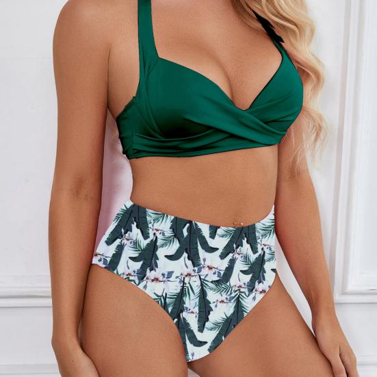 2Pcs/Set Women Sexy Bikini Set Halter Solid Color Bra Leaf Print High