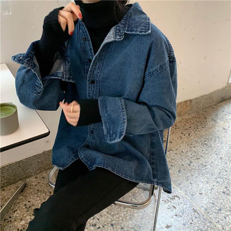 Женская куртка размера S-5XL, осенняя джинсовая куртка большого размера, синяя сотня рубашек, женские топы с длинными рукавами, свободная куртка-рубашка