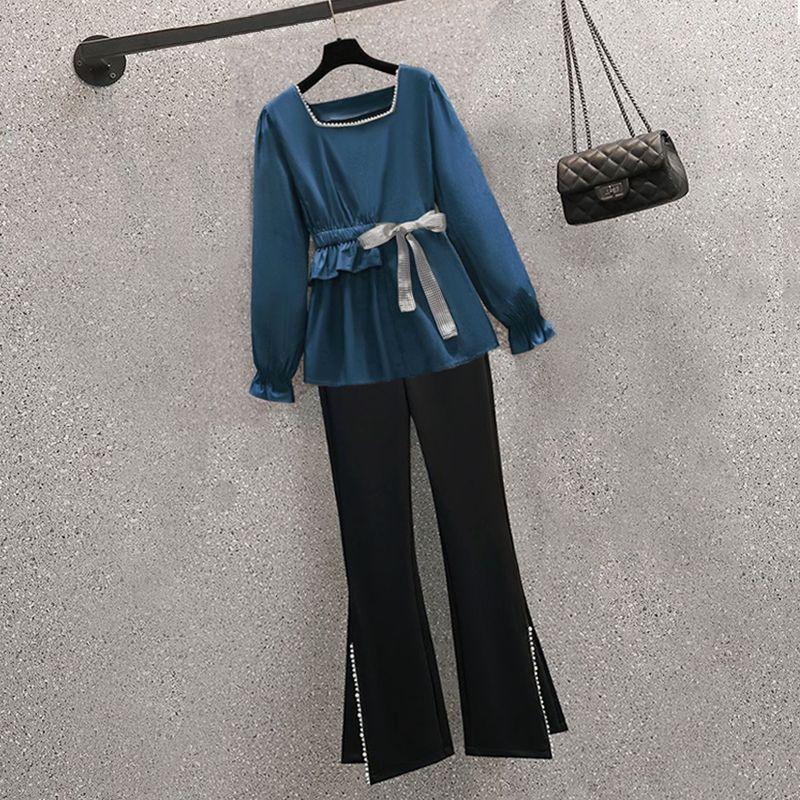 Плюс Размер Женская Осенняя Рубашка с Квадратным Воротником Темперамент Женская Талия Тонкая и Маленькая Костюм Из Двух Частей