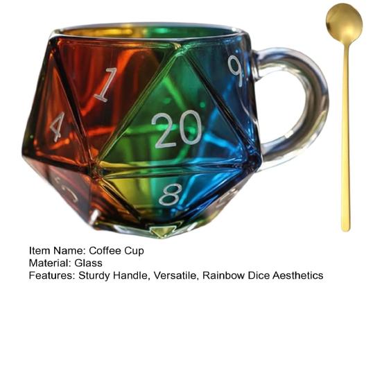 Rainbow D20 Dice Mug with Handle Colorful Polyhedral Glass Coffee Cup for Gamers Unique Gift for Tabletop RPG Fantasy Enthusiasts