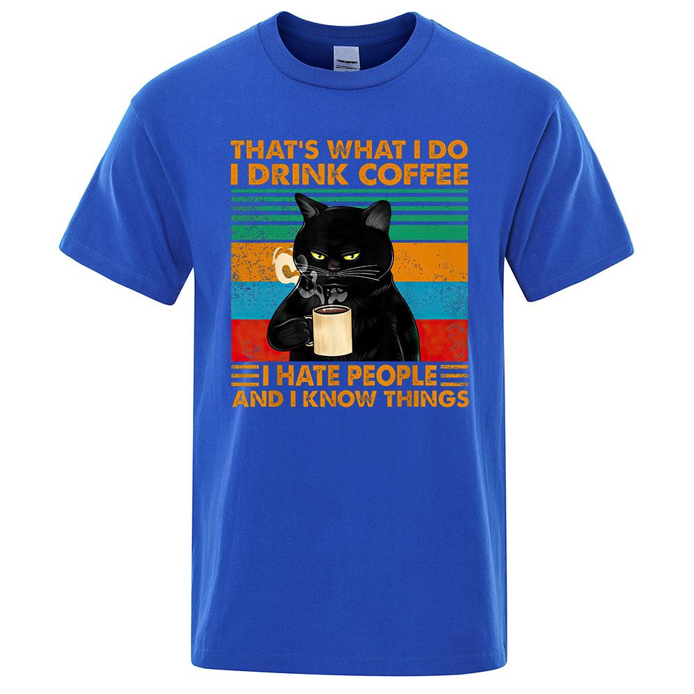 Coffee Black Cat Funny T Shirt Men Summer Cotton Short Sleeve Mens T-Shirt Tops Oversized Breathable Tee Shirt