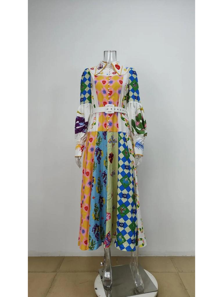 Европейско-американская женская мода длинное платье с принтом и рукавами-фонариками, V-образным вырезом, завязывающимся на талии, отложным воротником, длинным рукавом