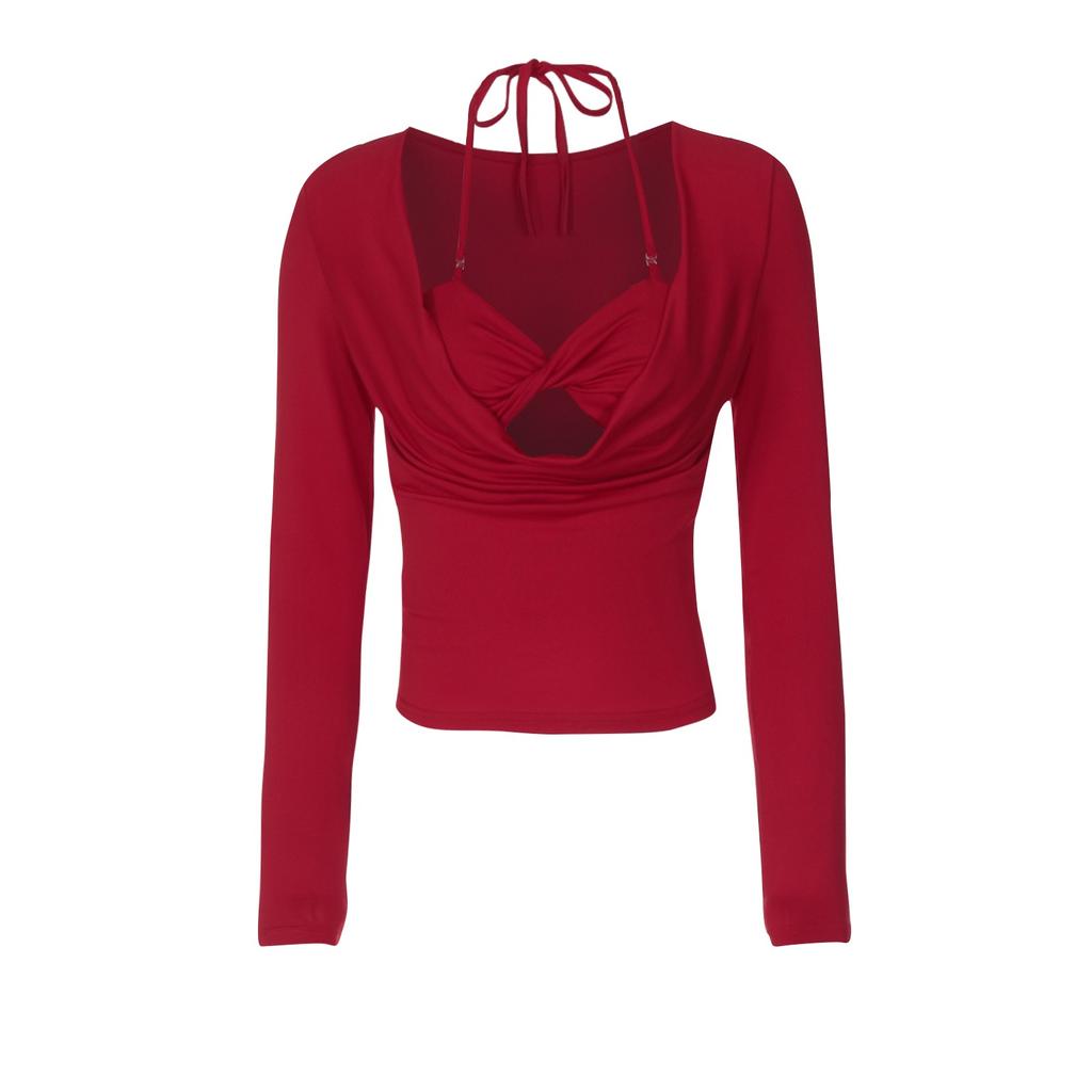 Женская сексуальная драпированная футболка с длинным рукавом и вырезом, облегающий топ с глубоким вырезом, рубашки для выхода в свет