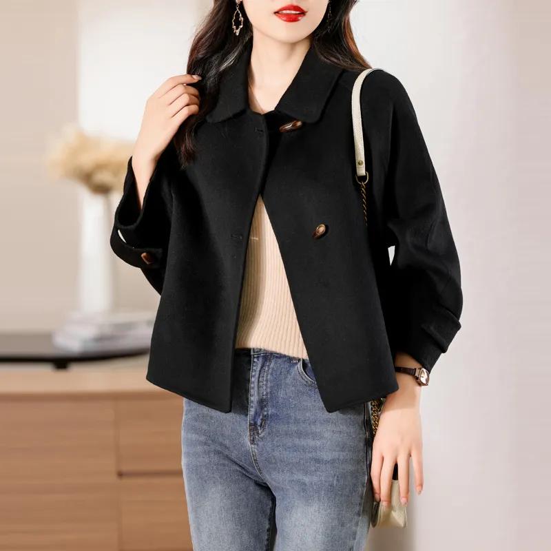 Женское свободное короткое двухстороннее шерстяное пальто на осень и зиму, простое пальто из коровьего рога с пуговицами