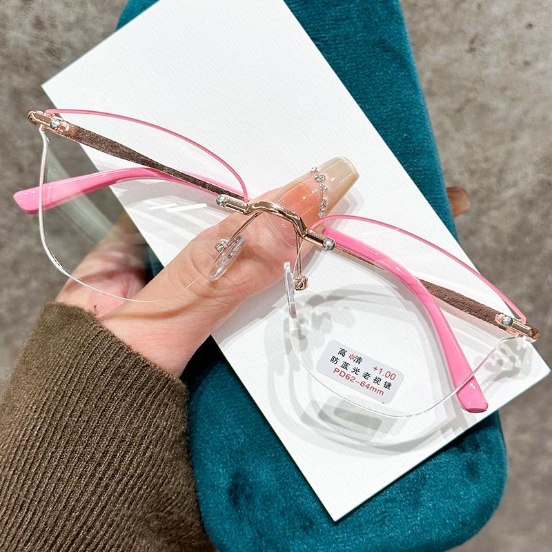 Металлические очки для чтения без оправы с необработанным краем, ультралегкая розовая оправа, очки для пресбиопии, очки с высоким разрешением и защитой от синего света
